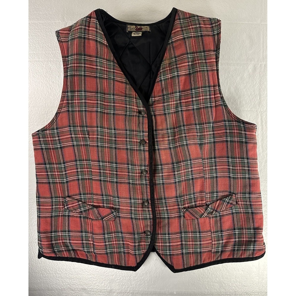 VTG Gloria Vanderbilt Plaid Tartan Vest L Quilted Lined Button Up 80s 90s Red